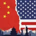 Flags of China and US on a page torn in the middle, reflecting broken relations. Graphic: Global Times.