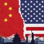 Flags of China and US on a page torn in the middle, reflecting broken relations. Graphic: Global Times.