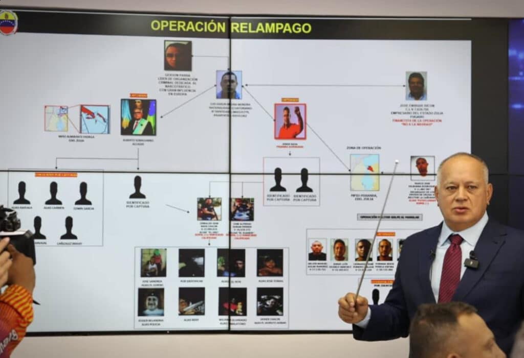 Venezuelan Interior Minister Diosdado Cabello displays a chart showing the individuals, arrested or sought, allegedly linked with a drug trafficking gang in Zulia state. Photo: Alba Ciudad.