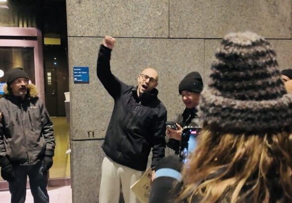 Yves Engler meeting supporters after release. Photo Alex Tyrell.