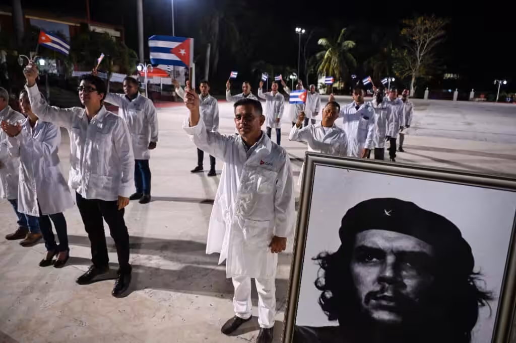 Doctors and nurses from one of Cuba’s Henry Reeve brigades are bid farewell before leaving to Turkey to care for the victims of the earthquake the, at the Central Unit of Medical Cooperation in Havana, on February 10, 2023. Photo: Yamil Lage/AFP via Getty Images.