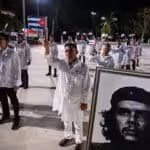 Doctors and nurses from one of Cuba’s Henry Reeve brigades are bid farewell before leaving to Turkey to care for the victims of the earthquake the, at the Central Unit of Medical Cooperation in Havana, on February 10, 2023. Photo: Yamil Lage/AFP via Getty Images.