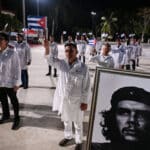 Doctors and nurses from one of Cuba’s Henry Reeve brigades are bid farewell before leaving to Turkey to care for the victims of the earthquake the, at the Central Unit of Medical Cooperation in Havana, on February 10, 2023. Photo: Yamil Lage/AFP via Getty Images.