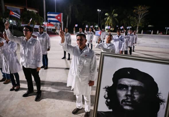 Doctors and nurses from one of Cuba’s Henry Reeve brigades are bid farewell before leaving to Turkey to care for the victims of the earthquake the, at the Central Unit of Medical Cooperation in Havana, on February 10, 2023. Photo: Yamil Lage/AFP via Getty Images.
