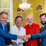 Lula (Center Right) and the newly appointed president of Uruguay, Yamandu Orsi (left), and the presidents of Colombia, Gustavo Petro (Center Left), and Chile, Gabriel Boric (Right). Photo: Alex Ibanez/AFP.