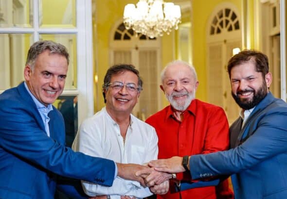 Lula (Center Right) and the newly appointed president of Uruguay, Yamandu Orsi (left), and the presidents of Colombia, Gustavo Petro (Center Left), and Chile, Gabriel Boric (Right). Photo: Alex Ibanez/AFP.