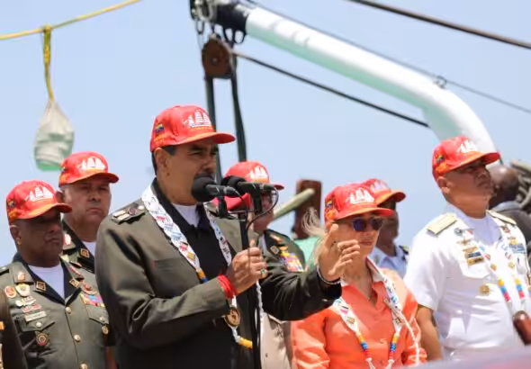 Venezuelan President Nicolás Maduro speaks at the official event for the departure of the Simón Bolívar Naval Training Ship on its training and diplomatic mission, in La Guaira, March 22, 2025. Photo: Presidential Press.