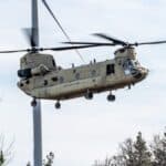 A CH-47F Chinook from the 1st Battalion, 214th Aviation Regiment, 12th Combat Aviation Brigade flies over the Grafenwoehr Training Area, Germany for aerial gunnery on March 3, 2025. Photo: US Army.