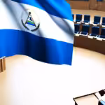 The flag of Nicaragua on the backdrop of an empty circular room. Illustration: Columna Digital.