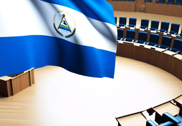 The flag of Nicaragua on the backdrop of an empty circular room. Illustration: Columna Digital.