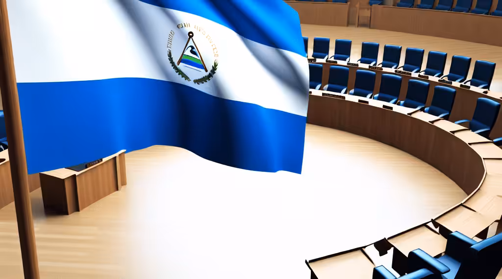 The flag of Nicaragua on the backdrop of an empty circular room. Illustration: Columna Digital.