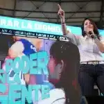Luisa González, presidential candidate for the Citizen Revolution Movement, speaks during a political event last October in Guayaquil, Ecuador. Photo: Mauricio Torres/EFE/File photo.