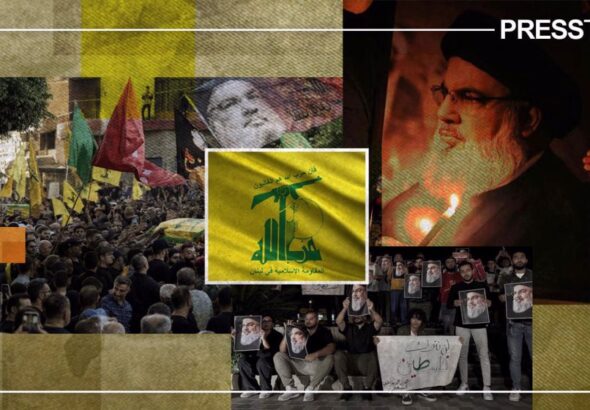 Collage with scenes from Sayyed Hassan Nasrallah's funeral procession and marches around the world. Illustration: PressTV.