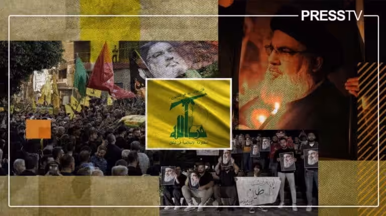 Collage with scenes from Sayyed Hassan Nasrallah's funeral procession and marches around the world. Illustration: PressTV.