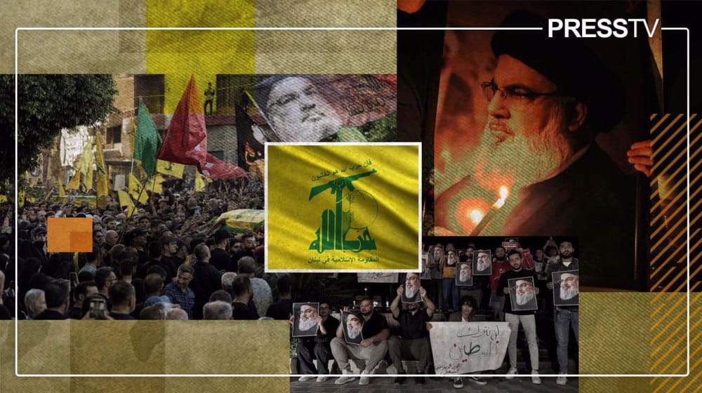 Collage with scenes from Sayyed Hassan Nasrallah's funeral procession and marches around the world. Illustration: PressTV.