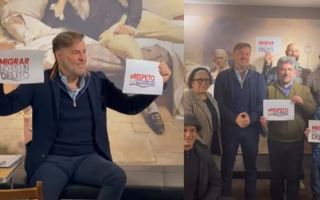 Venezuelan Ambassador to the UK Félix Plascencia with representatives of British solidarity movements, holding signs that read "Migration is not a crime," London, March 27, 2025. Photo: Fuser News.