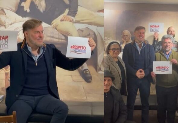 Venezuelan Ambassador to the UK Félix Plascencia with representatives of British solidarity movements, holding signs that read "Migration is not a crime," London, March 27, 2025. Photo: Fuser News.