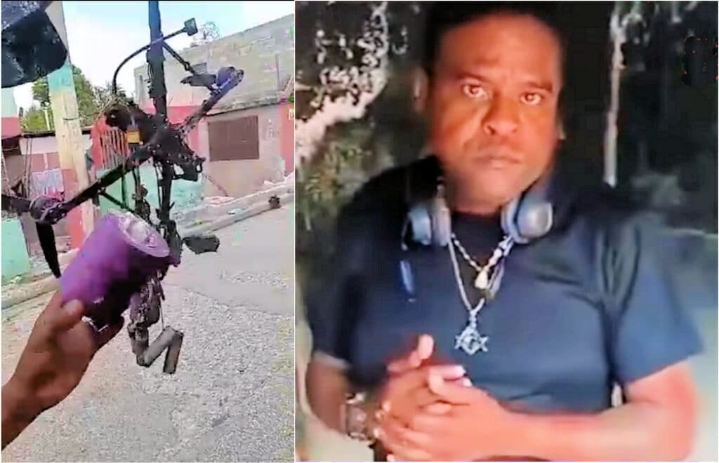 The remains of one of two exploding drones (left) which attacked Delmas 6 on Mar. 1, and (right) Jimmy Cherizier sending a video response to the police and government on Mar. 3. Photo: Haïti Liberté.