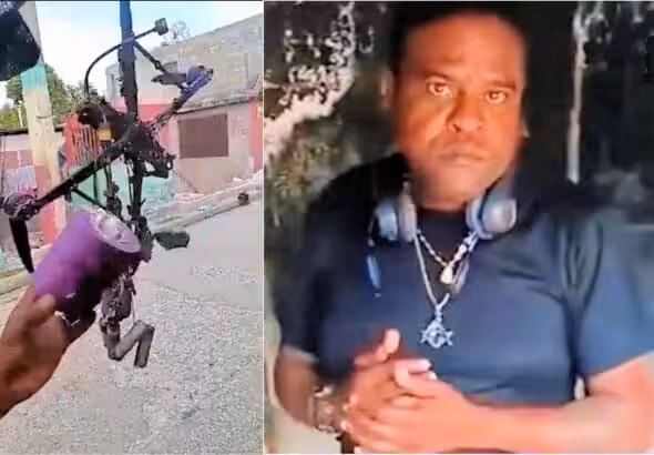 The remains of one of two exploding drones (left) which attacked Delmas 6 on Mar. 1, and (right) Jimmy Cherizier sending a video response to the police and government on Mar. 3. Photo: Haïti Liberté.