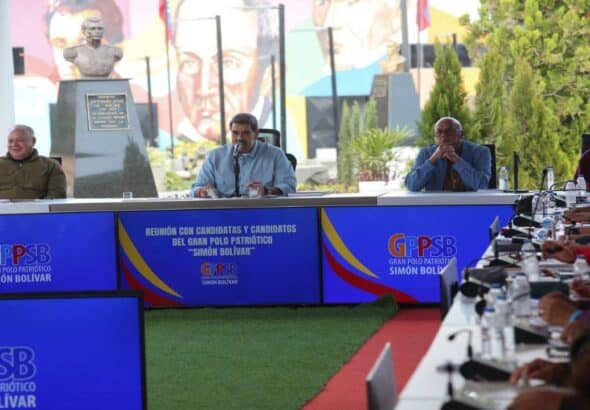 Venezuelan President Nicolás Maduro alongside PSUV Secretary General Diosdado Cabello and National Assembly President Jorge Rodríguez during the announcement of the PSUV candidates for governor for the upcoming May 25 elections. Photo: Venezuela Presidential Press.
