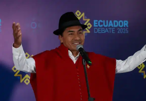 Ecuadorian indigenous leader Leónidas Iza during the 2025 presidential election debate. Photo: NT24/File photo.
