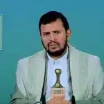 The leader of the Yemeni Ansar Allah movement, Sayyed Abdul-Malik al-Houthi, speaks in a televised address on Sunday, March 9, 2025. Photo: Al Mayadeen-English/Screengrab.