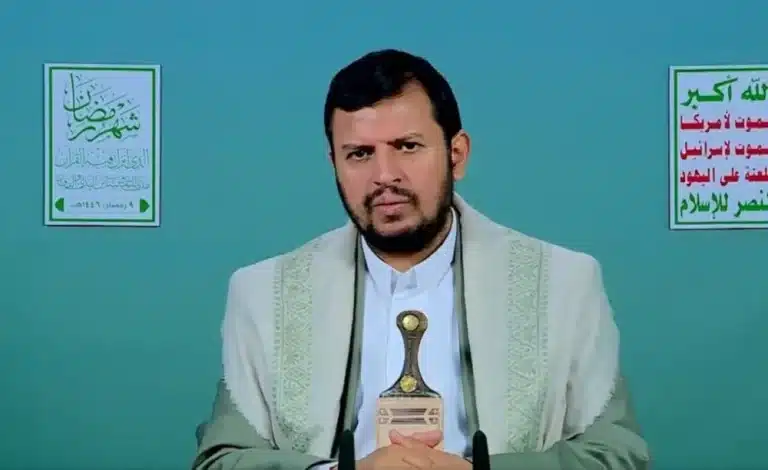 The leader of the Yemeni Ansar Allah movement, Sayyed Abdul-Malik al-Houthi, speaks in a televised address on Sunday, March 9, 2025. Photo: Al Mayadeen-English/Screengrab.