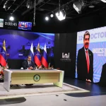Venezuelan President Nicolás Maduro on the set used for the video call he had with Russian President Vladimir Putin on Friday, March 14, 2025, to commemorate the 80th anniversary of Russia-Venezuela diplomatic relations. Photo: Presidential Press.