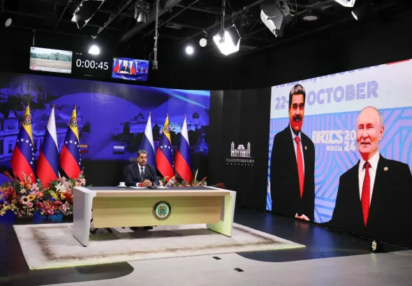Venezuelan President Nicolás Maduro on the set used for the video call he had with Russian President Vladimir Putin on Friday, March 14, 2025, to commemorate the 80th anniversary of Russia-Venezuela diplomatic relations. Photo: Presidential Press.