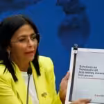 Venezuela's Vice President and Oil Minister Delcy Rodríguez holds a document as she addresses the media in Caracas, Venezuela, March 10, 2025. Photo: Reuters.