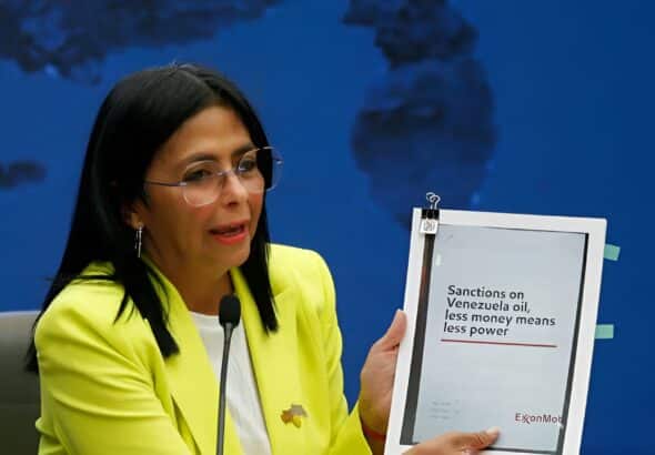 Venezuela's Vice President and Oil Minister Delcy Rodríguez holds a document as she addresses the media in Caracas, Venezuela, March 10, 2025. Photo: Reuters.