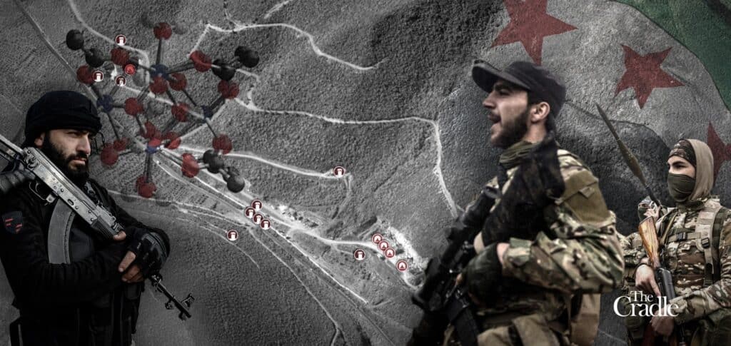 Compilation image with the flag of the new terrorist regime. Photo: The Cradle.