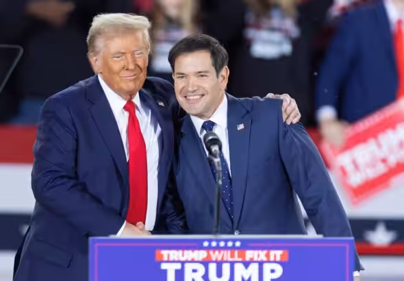 President Donald Trump greets Sen. Marco Rubio during a campaign rally at the J.S. Dorton Arena in Raleigh, North Carolina, on November 4, 2024. Photo: Ryan M. Kelly/AFP/file photo.