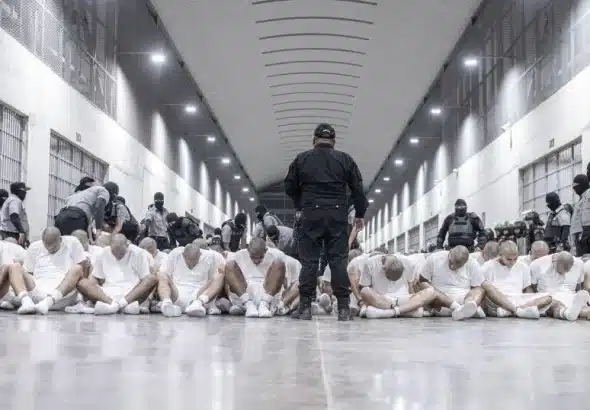 Venezuelan migrants being treated as terrorists by Salvadoran security agents at the infamous CECOT prison. Photo: El Salvador Presidential Press Office