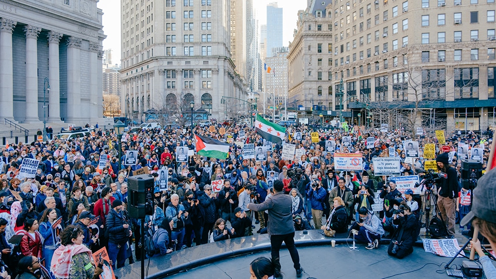 Thousands rally in New York City on March 10, demanding the release of Mahmoud Khalil from ICE detention. Photo: Wyatt Souers.