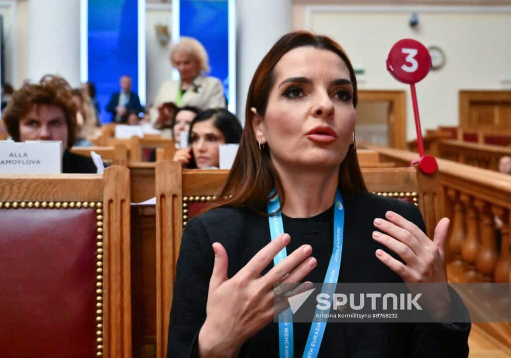 Head of Moldova's autonomous region of Gagauzia Evghenia Gutsul waits for a speech by Russian President Vladimir Putin during a plenary session of the 4th Eurasian Women's Forum in St. Petersburg, Russia in September, 2024. Photo: Kristina Kormilitsina/Sputnik.
