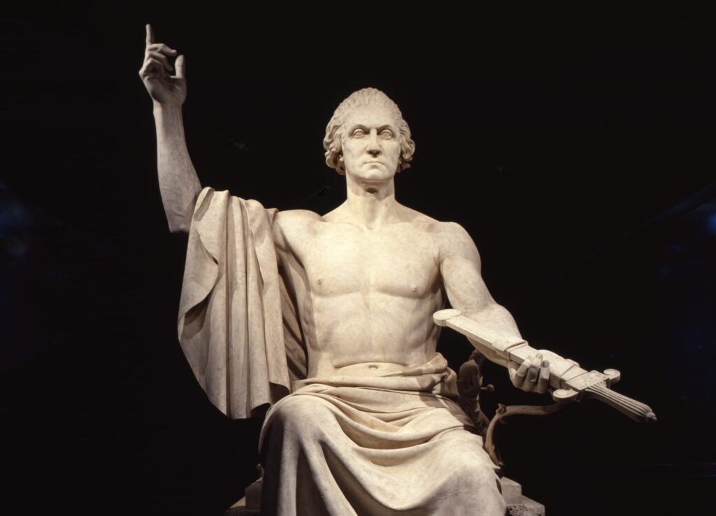 Tooth thief George Washington in Roman style, by Horatio Greenough (1841). Originally in the Capitol rotunda, now in the Smithsonian Museum. Photo: Smithsonian Institution.