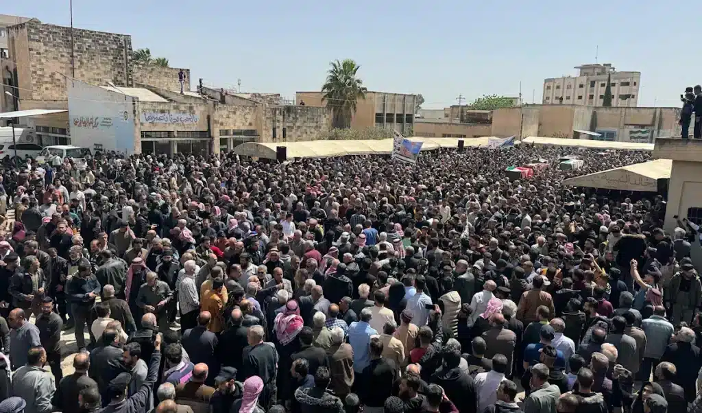 A mass funeral for the martyrs of the Israeli aggression in the countryside of Daraa, Syria on April 3, 2025. Photo: X/@HussamHamoud.