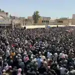 A mass funeral for the martyrs of the Israeli aggression in the countryside of Daraa, Syria on April 3, 2025. Photo: X/@HussamHamoud.