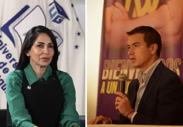 Candidate Luisa González of the Citizens' Revolution (left) and current Ecuadorian President Daniel Noboa (right). Photo: Alejandro Baque/Zuma Press/ ContactoPhoto.