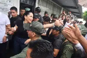 Ecuadorian presidential candidate Luisa González exiting her polling station after voting in the second round of the presidential elections, April 13, 2025. Photo: AFP.