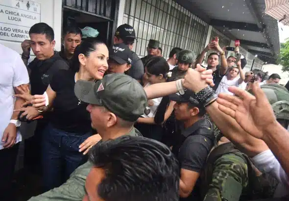 Ecuadorian presidential candidate Luisa González exiting her polling station after voting in the second round of the presidential elections, April 13, 2025. Photo: AFP.