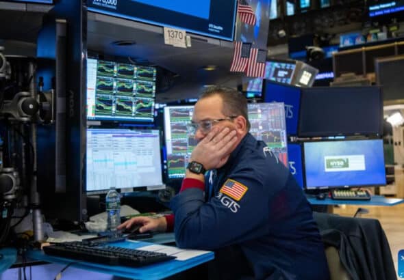 A trader works on the floor of the New York Stock Exchange in New York, the United States, on Feb. 3, 2025. U.S. stocks ended lower on Monday, as investors reacted to the Donald Trump administration's planned tariff rollout. The Dow Jones Industrial Average fell 122.75 points, or 0.28 percent, to 44,421.91. The S&P 500 sank 45.96 points, or 0.76 percent, to 5,994.57. The Nasdaq Composite Index shed 235.49 points, or 1.20 percent, to 19,391.96. Photo: Michael Nagle/Xinhua.