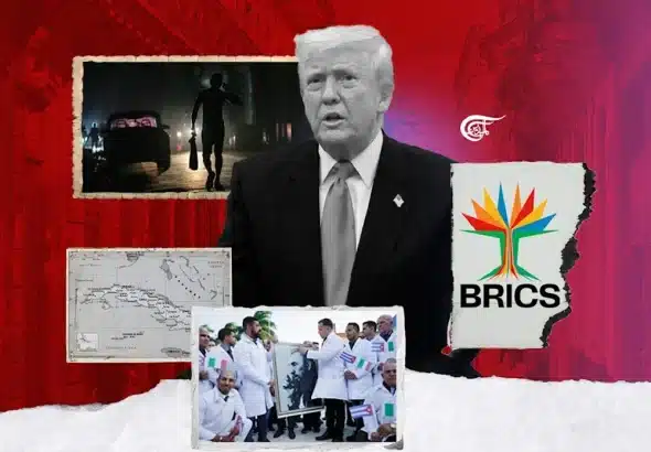 Collage showing various aspects of Cuba's current condition and Trump representing the US blockade. Illustration: Zeinab El-Hajj/Al-Mayadeen English.