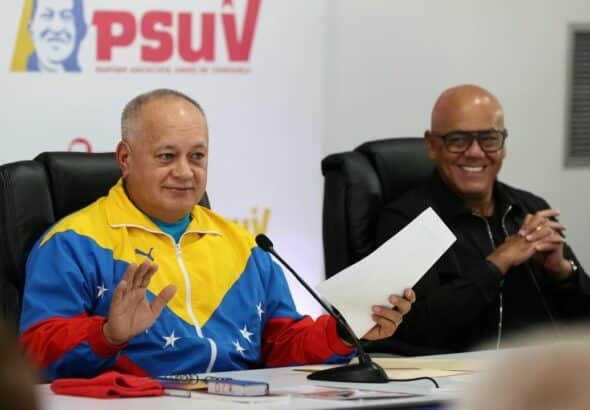 The general secretary of the United Socialist Party of Venezuela, Diosdado Cabello, presents the names of the Great Patriotic Pole coalition's candidates for the National Assembly Election of May 25. Photo: Con El Mazo Dando.