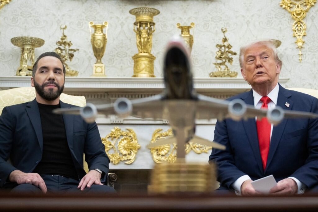 US President Donald Trump meets El Salvador's President Nayib Bukele in the Oval Office of the White House in Washington DC, April 14, 2025. Photo: Brendan Smialowski/AFP via Getty Images.