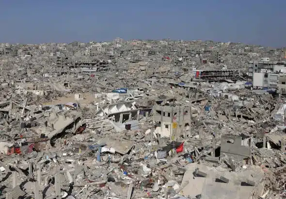 Aerial of war-devastated neighborhood in the Jabalia refugee camp in the northern Gaza Strip on April 2, 2025. Photo: Bashar Taleb/AFP.