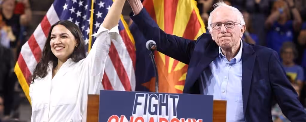 Congresswoman Alexandria Ocasio-Cortez and Senator Bernie Sanders at a “Fight Oligarchy” rally at Mullett Arena in Tempe, Arizona, in March. Photo: Gage Skidmore/Flickr.