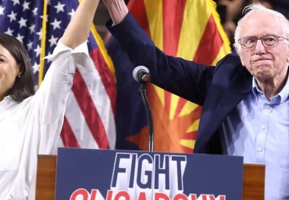 Congresswoman Alexandria Ocasio-Cortez and Senator Bernie Sanders at a “Fight Oligarchy” rally at Mullett Arena in Tempe, Arizona, in March. Photo: Gage Skidmore/Flickr.