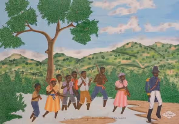 Painting by Jean-Claude Sévère (Haiti), L’ennemi attaqué chacun de sa propre volonté se tient debout pour défendre sa patrie (When the Enemy Attacks, Everyone Stands up of Their Own Free Will to Defend Their Homeland), 1970.